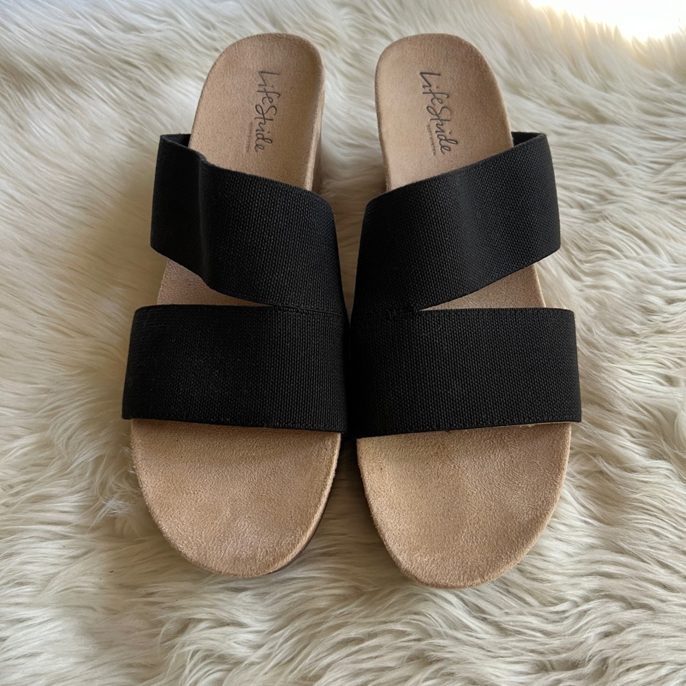LifeStride Divine Black Fabric Cork Wedge Sandals Womens 9.5 M Slide Shoes
